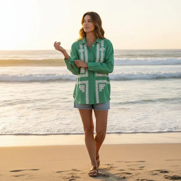 Sézane X Lucia Vergara Green Linen Embroidered Cottagecore Blouse Avant Garde - Picture 2 of 13